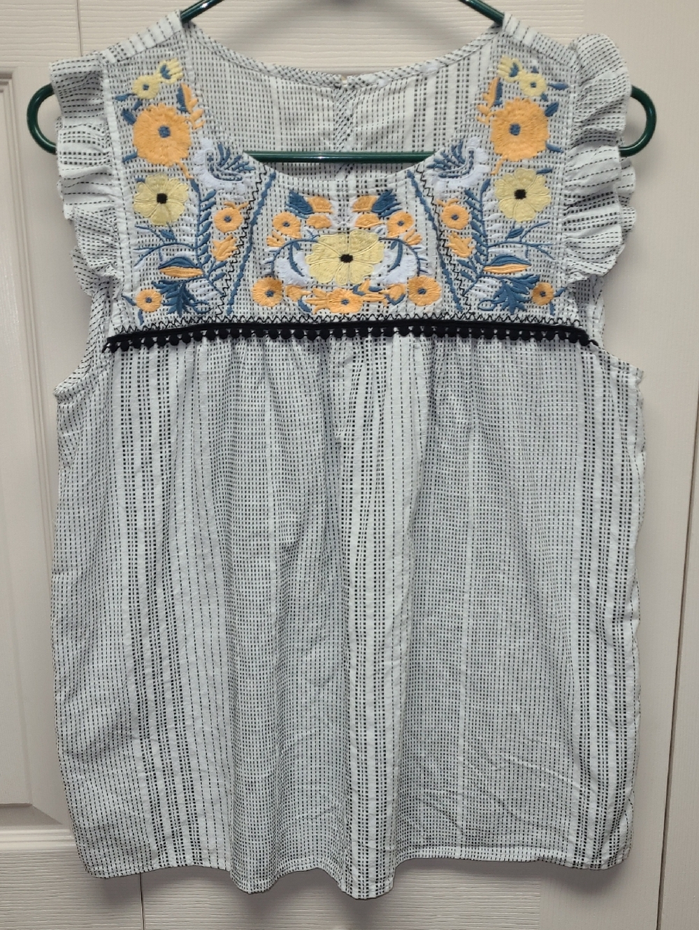 Embroidered Floral Sleeveless Cotton babydoll Top - Yellow & Blue Flowers